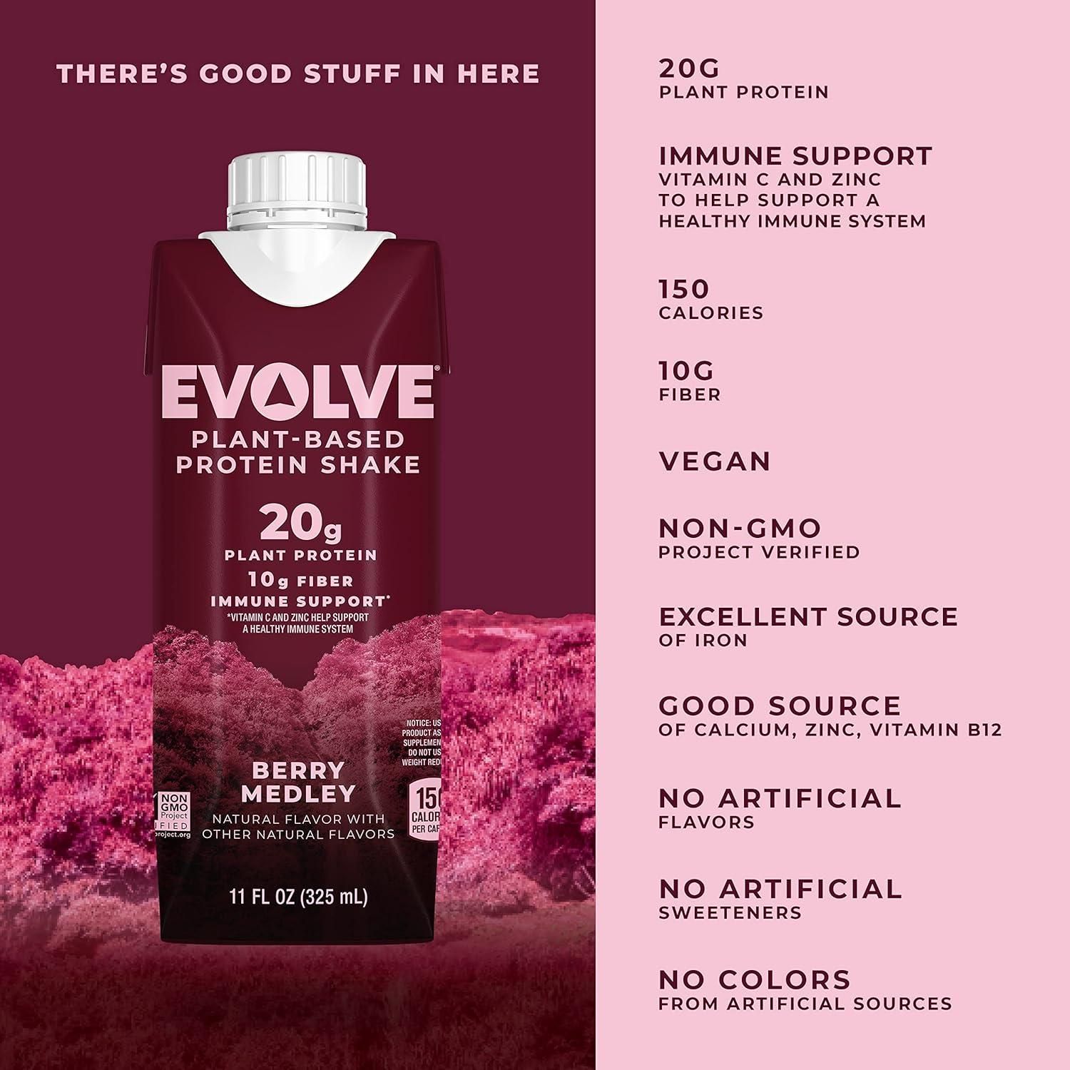 imageEvolve Plant Based Protein Shake Vanilla Bean 20g Vegan Protein Dairy Free No Artificial Sweeteners NonGMO 10g Fiber 11 Fl Oz Pack of 12 Formula May VaryBerry