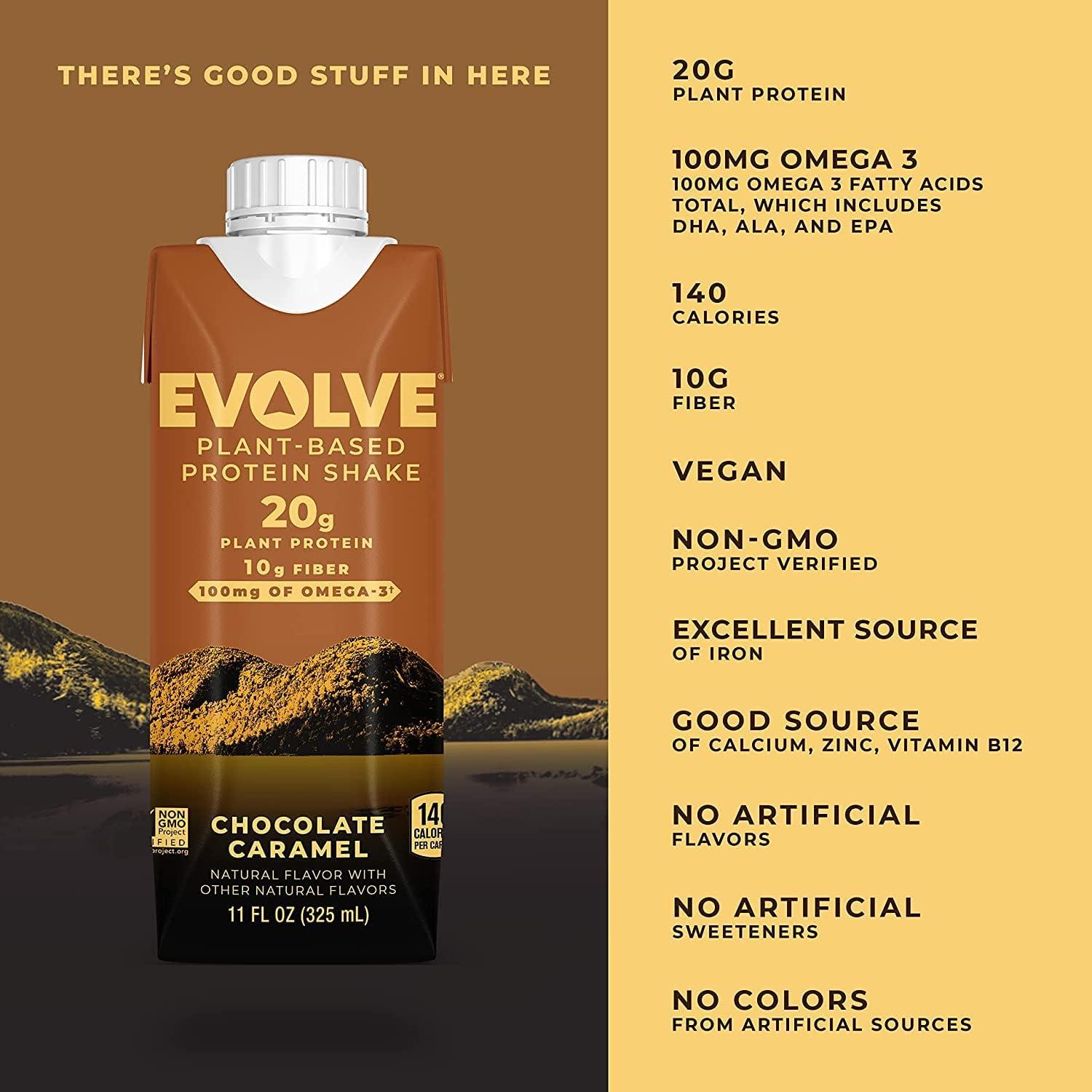 imageEvolve Plant Based Protein Shake Vanilla Bean 20g Vegan Protein Dairy Free No Artificial Sweeteners NonGMO 10g Fiber 11 Fl Oz Pack of 12 Formula May VaryChocolate Caramel