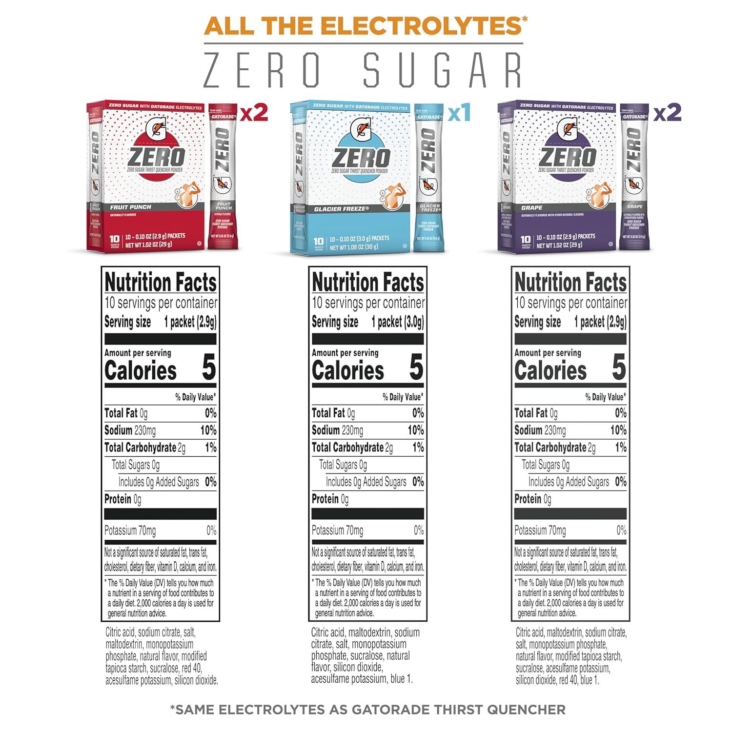 imageGatorade G Zero Powder Glacier Cherry Variety Pack 010oz Individual Packets  10 Count Pack of 5Fruit Punch Variety