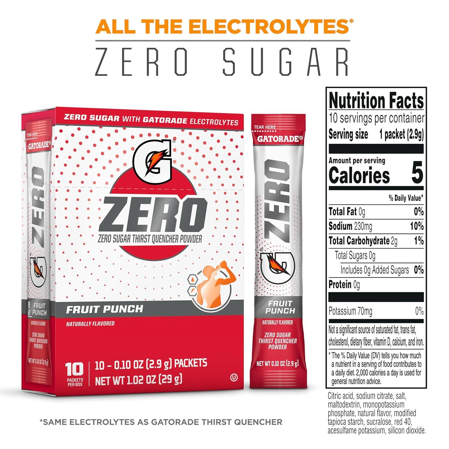 imageGatorade G Zero Sports Drink Mix Powder Packets Glacier Freeze Electrolyte Powder Drink Mix for Hydration Zero Sugar Total 120 PacketsFruit Punch