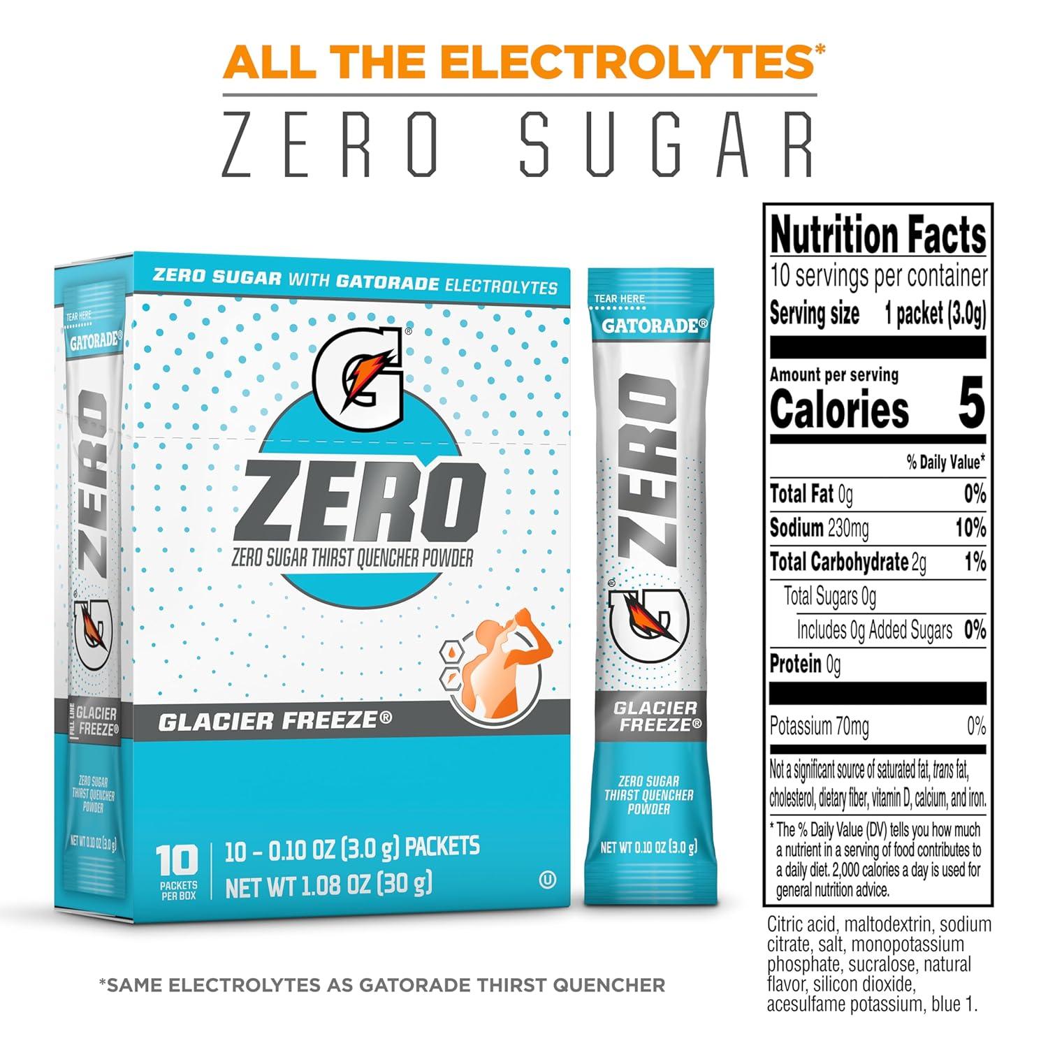 imageGatorade G Zero Sports Drink Mix Powder Packets Glacier Freeze Electrolyte Powder Drink Mix for Hydration Zero Sugar Total 120 PacketsGlacier Freeze