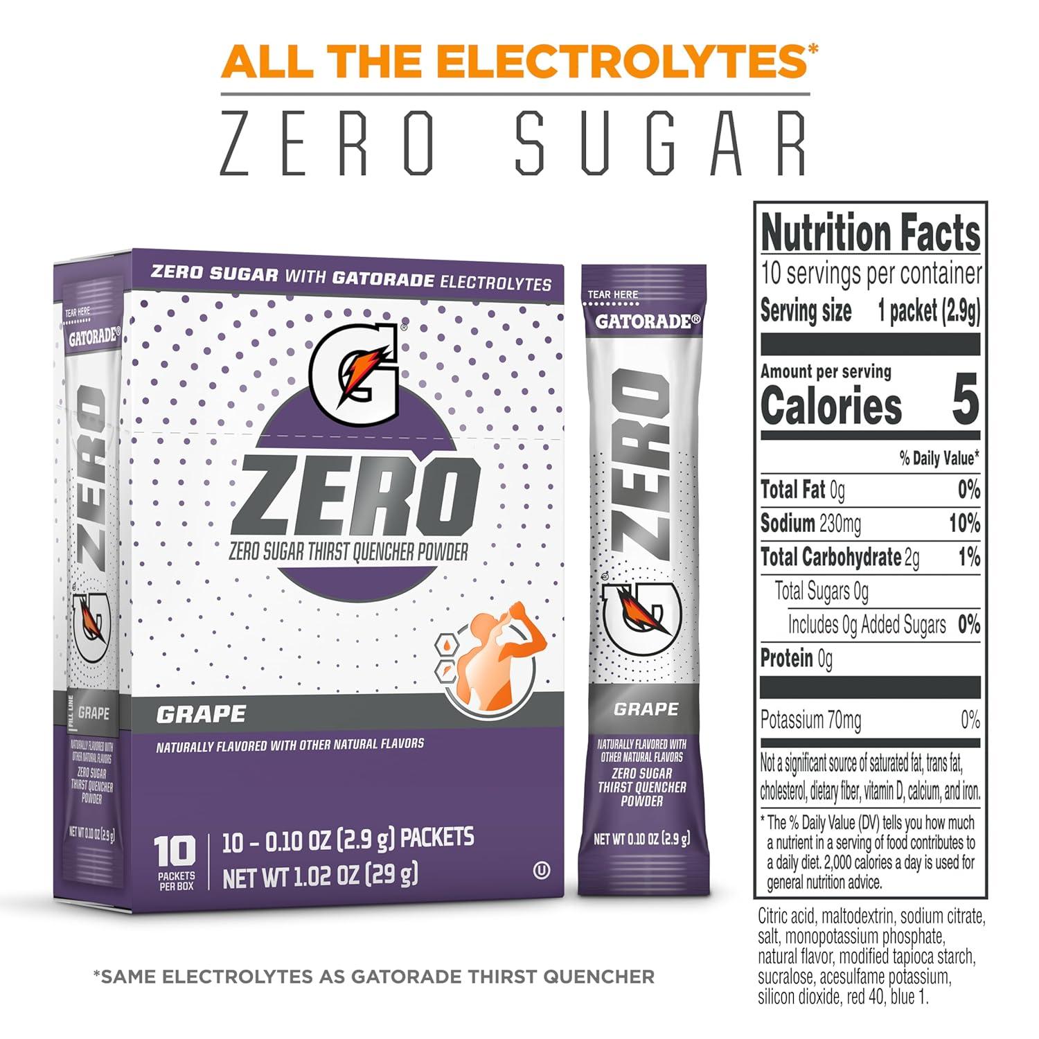 imageGatorade G Zero Sports Drink Mix Powder Packets Glacier Freeze Electrolyte Powder Drink Mix for Hydration Zero Sugar Total 120 PacketsGrape