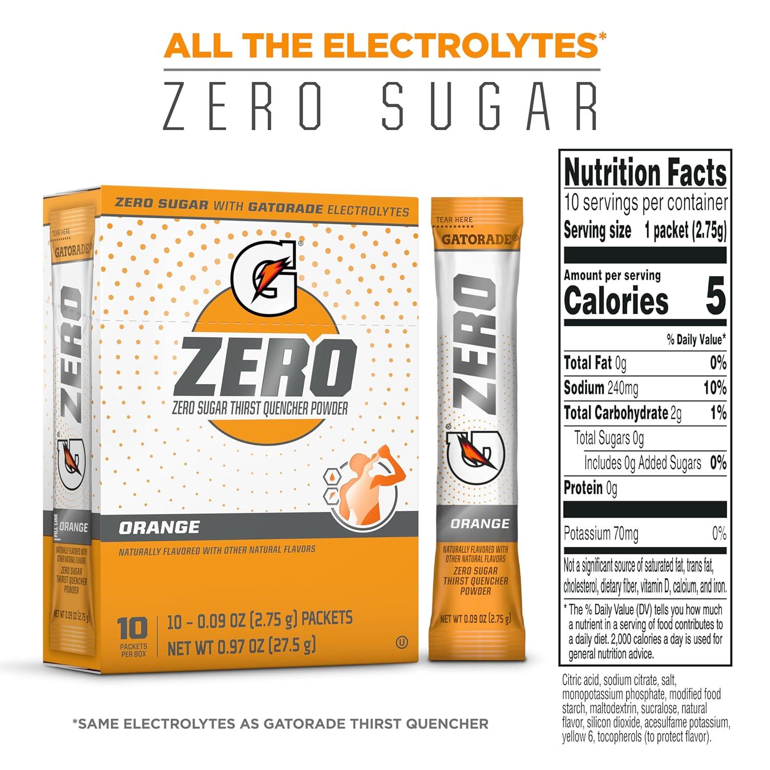 imageGatorade G Zero Sports Drink Mix Powder Packets Glacier Freeze Electrolyte Powder Drink Mix for Hydration Zero Sugar Total 120 PacketsOrange