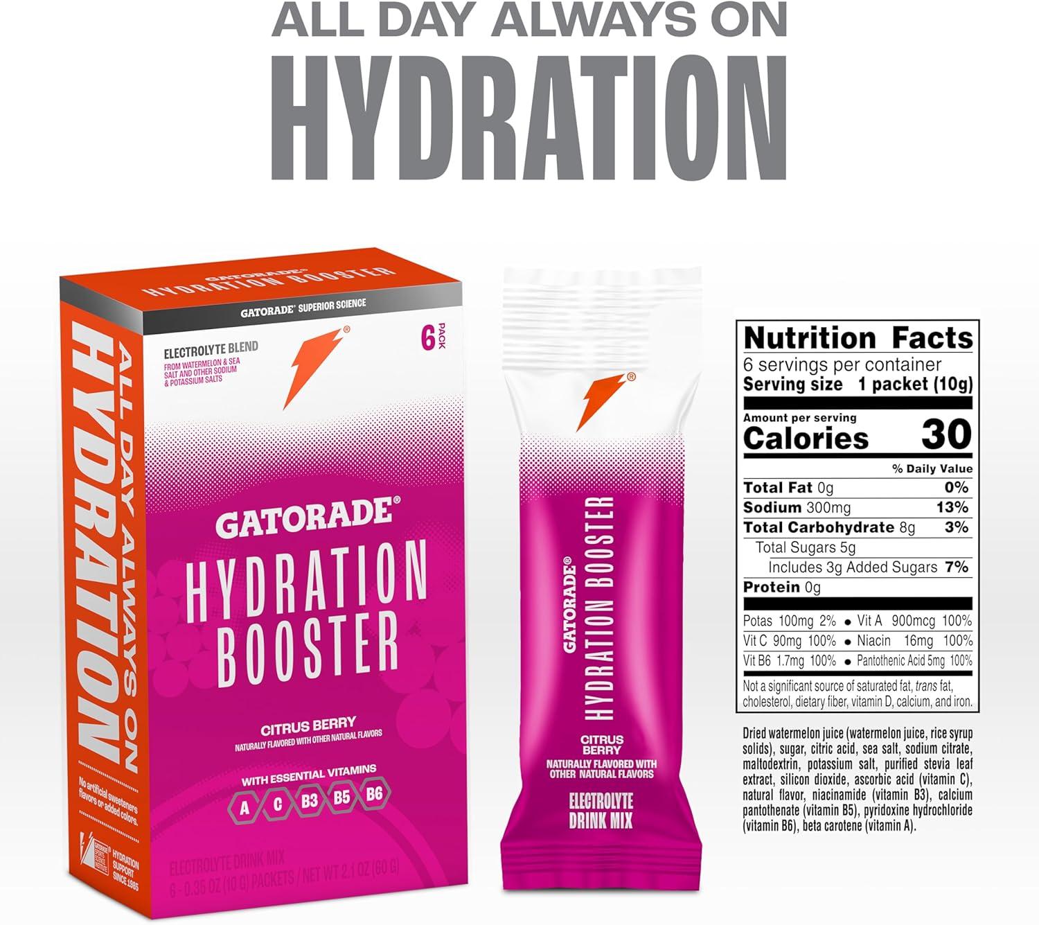 imageGatorade Hydration Booster Electrolyte Drink Mix Powder Packets Tropical Mango Advanced Electrolyte Blend No Added Colors No Artificial Sweeteners Essential Vitamins A C B3 B5 B6 Makes 20 Fl Oz 6 PackCitrus Berry