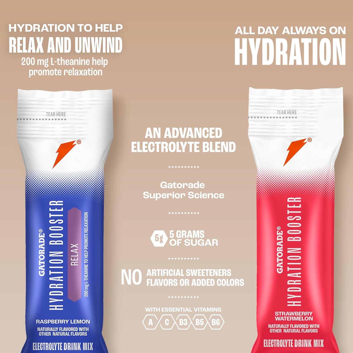 imageGatorade Hydration Booster Electrolyte Drink Mix Powder Packets Tropical Mango Advanced Electrolyte Blend No Added Colors No Artificial Sweeteners Essential Vitamins A C B3 B5 B6 Makes 20 Fl Oz 6 PackRaspberry Lemon  Relax