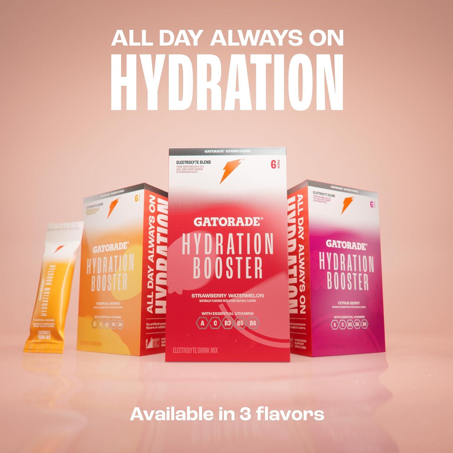 imageGatorade Hydration Booster Electrolyte Drink Mix Powder Packets Tropical Mango Advanced Electrolyte Blend No Added Colors No Artificial Sweeteners Essential Vitamins A C B3 B5 B6 Makes 20 Fl Oz 6 PackTropical Mango