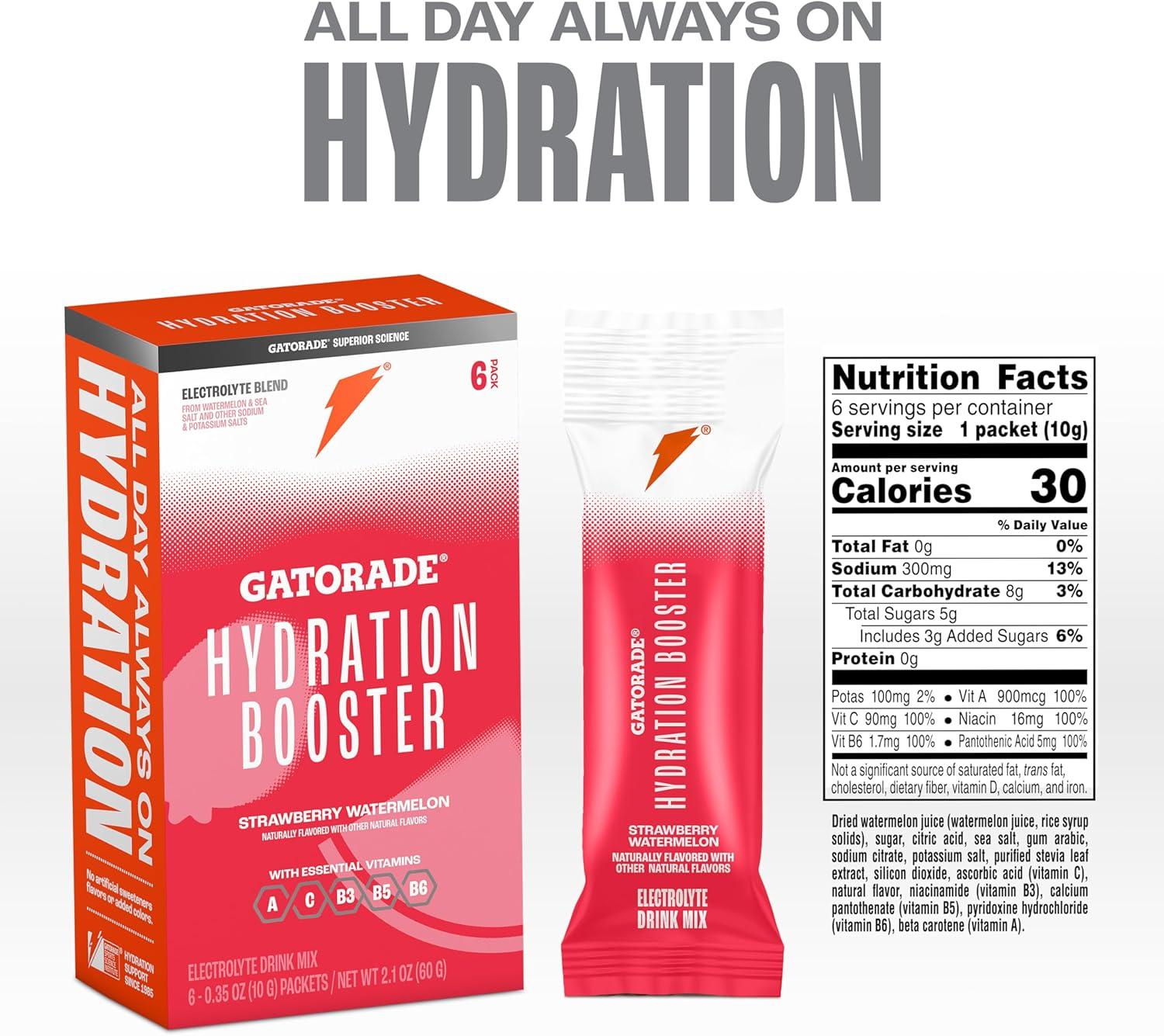 imageGatorade Hydration Booster Electrolyte Drink Mix Powder Packets Tropical Mango Advanced Electrolyte Blend No Added Colors No Artificial Sweeteners Essential Vitamins A C B3 B5 B6 Makes 20 Fl Oz 6 PackStrawberry Watermelon