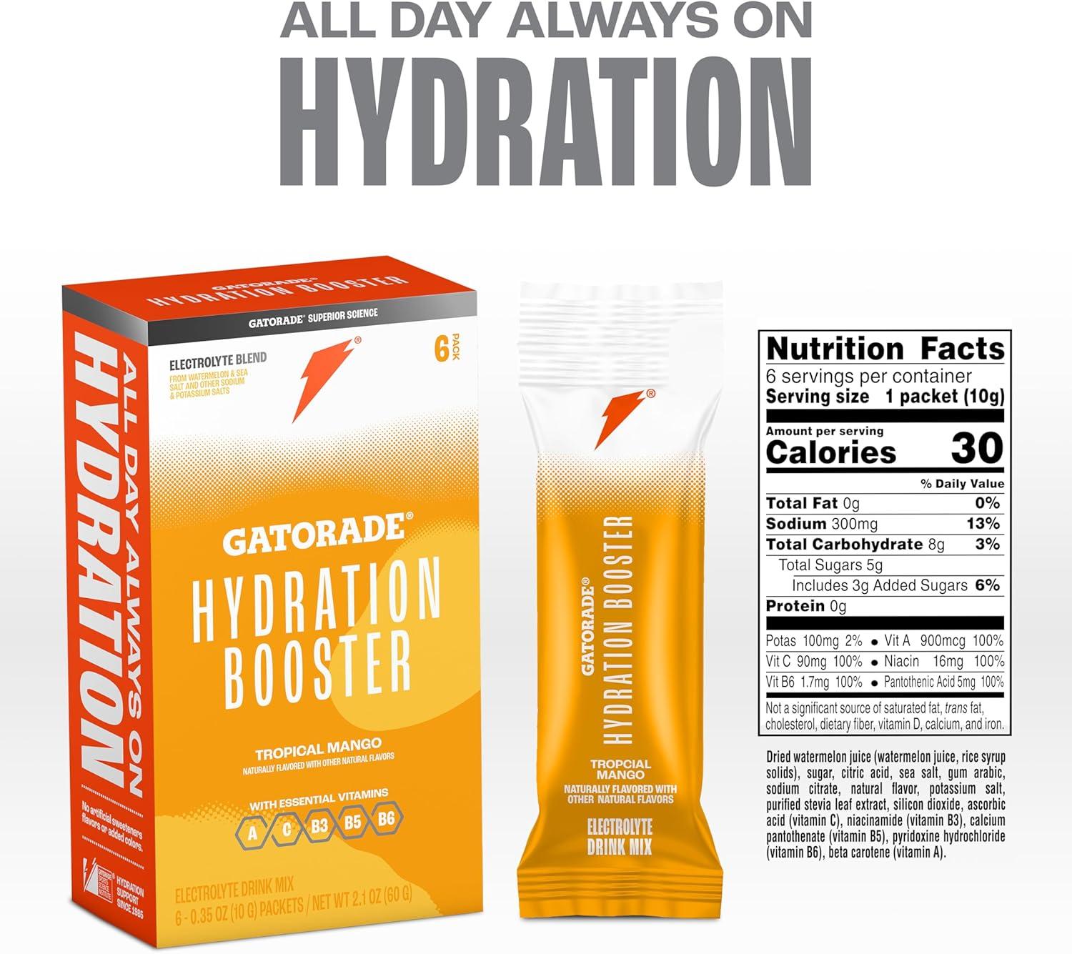 imageGatorade Hydration Booster Electrolyte Drink Mix Powder Packets Tropical Mango Advanced Electrolyte Blend No Added Colors No Artificial Sweeteners Essential Vitamins A C B3 B5 B6 Makes 20 Fl Oz 6 PackTropical Mango