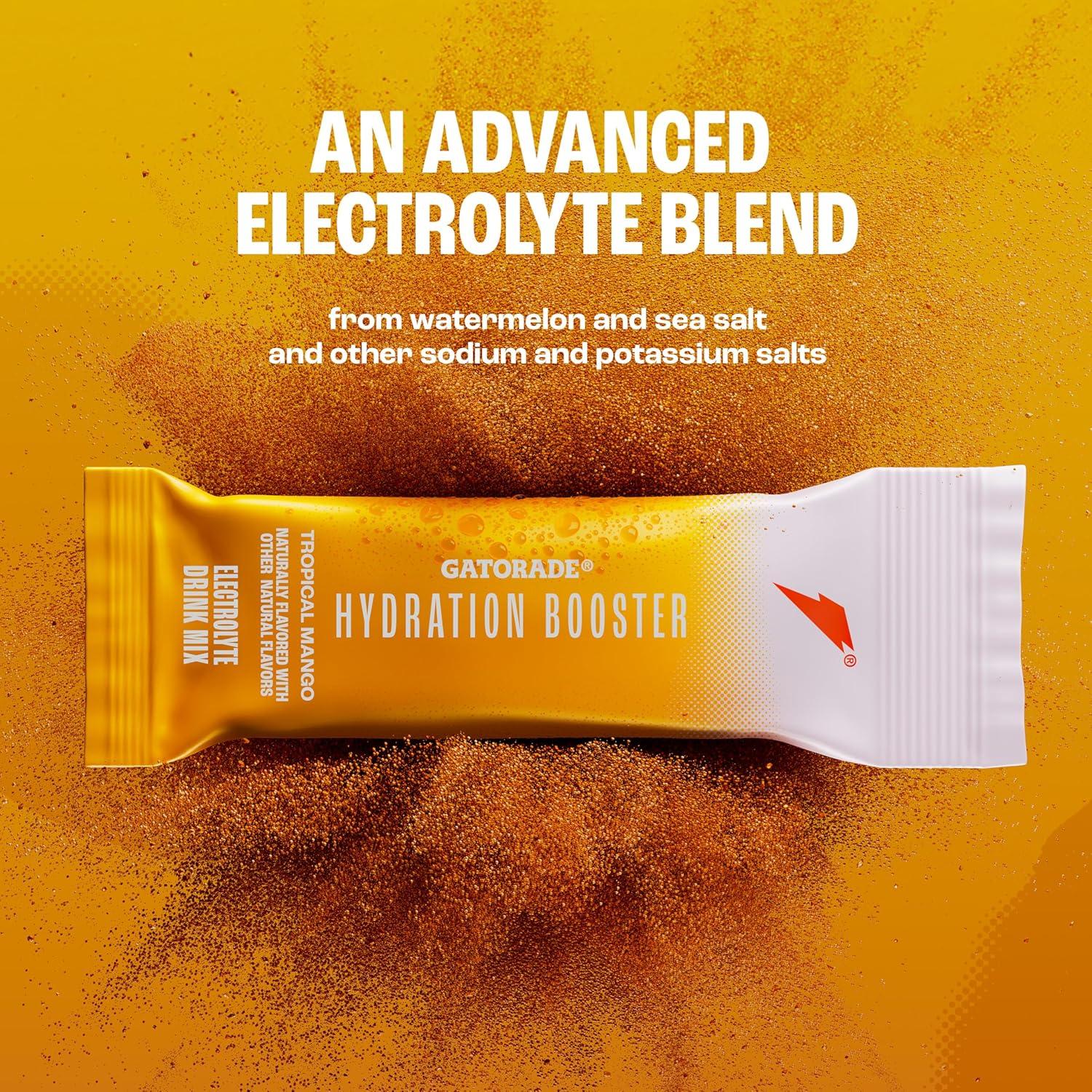 imageGatorade Hydration Booster Electrolyte Drink Mix Powder Packets Tropical Mango Advanced Electrolyte Blend No Added Colors No Artificial Sweeteners Essential Vitamins A C B3 B5 B6 Makes 20 Fl Oz 6 PackTropical Mango