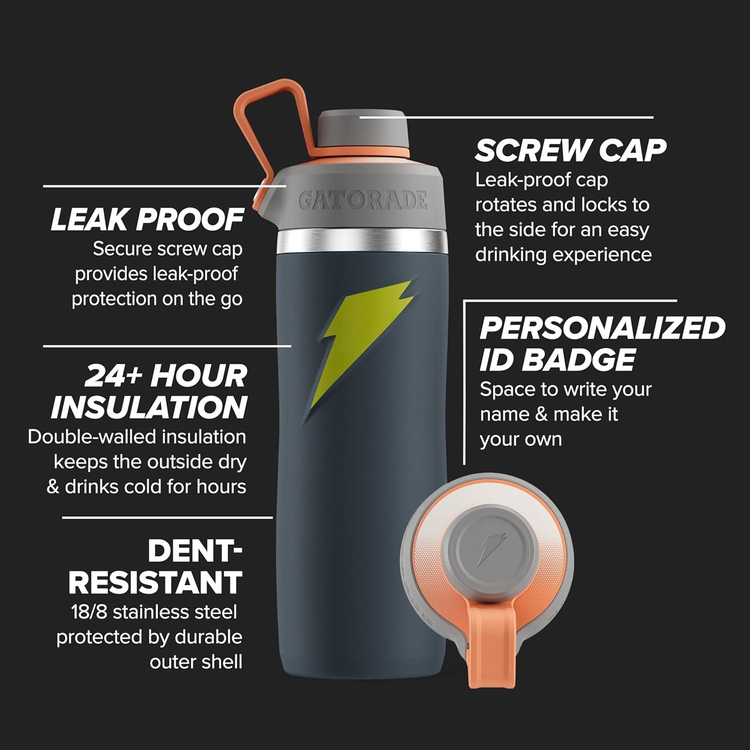 imageGatorade Overtime 22oz Stainless Steel Water BottleGreyNeon Yellow