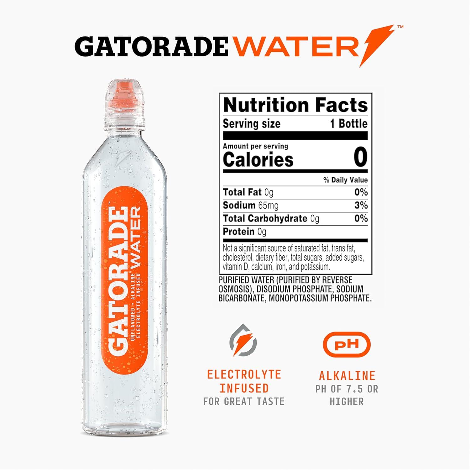 imageGatorade Water Electrolyte Infused for Great Taste Alkaline PH 75 or higher Unflavored 1L Pack of 6Unflavored