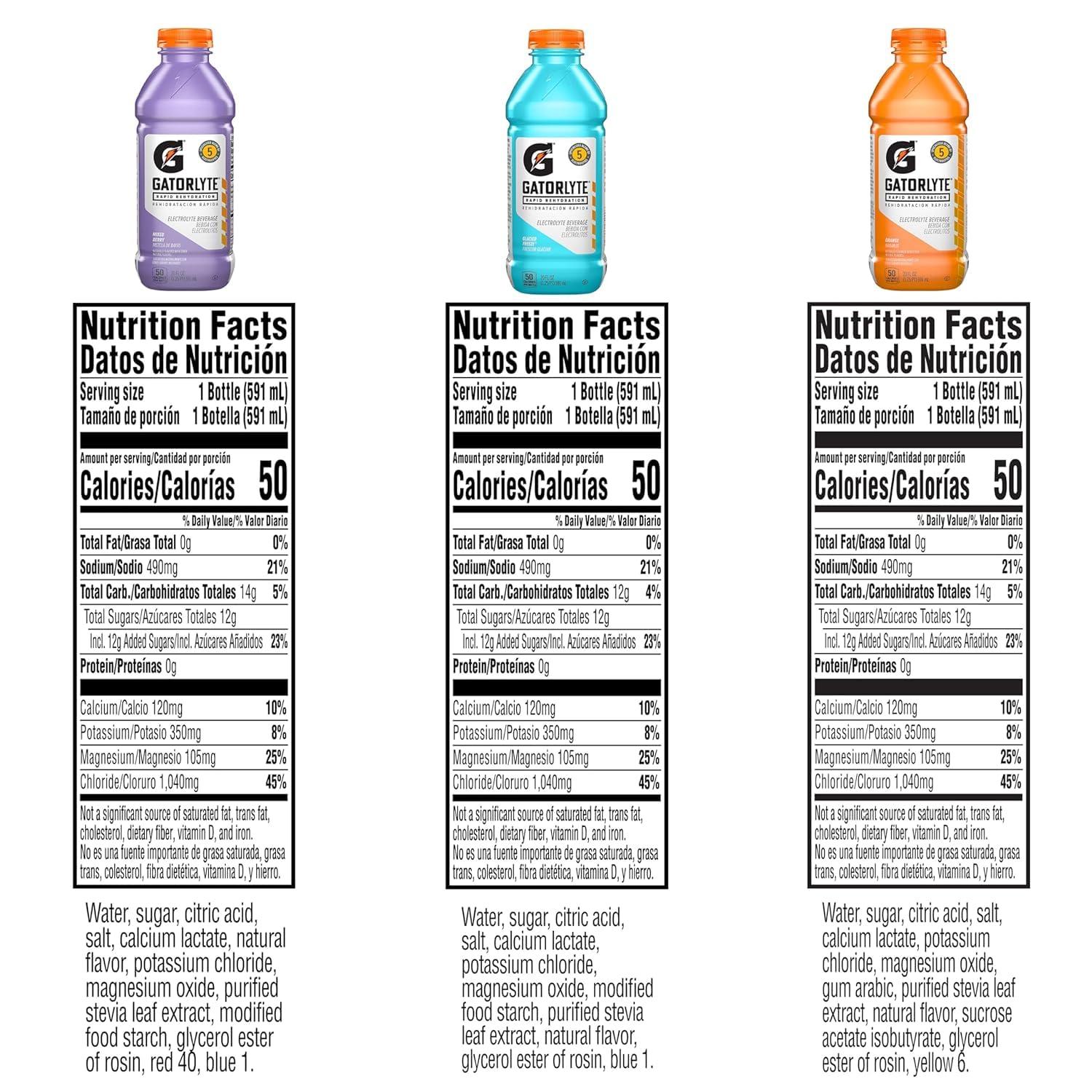 imageGatorlyte Rapid Rehydration Electrolyte Drink 3 Flavor Variety Pack Specialized Blend of 5 Electrolytes Lower Sugar No Artificial Sweeteners No Artificial Flavors 20 fl oz Bottles 12 PackMixed Berry Variety