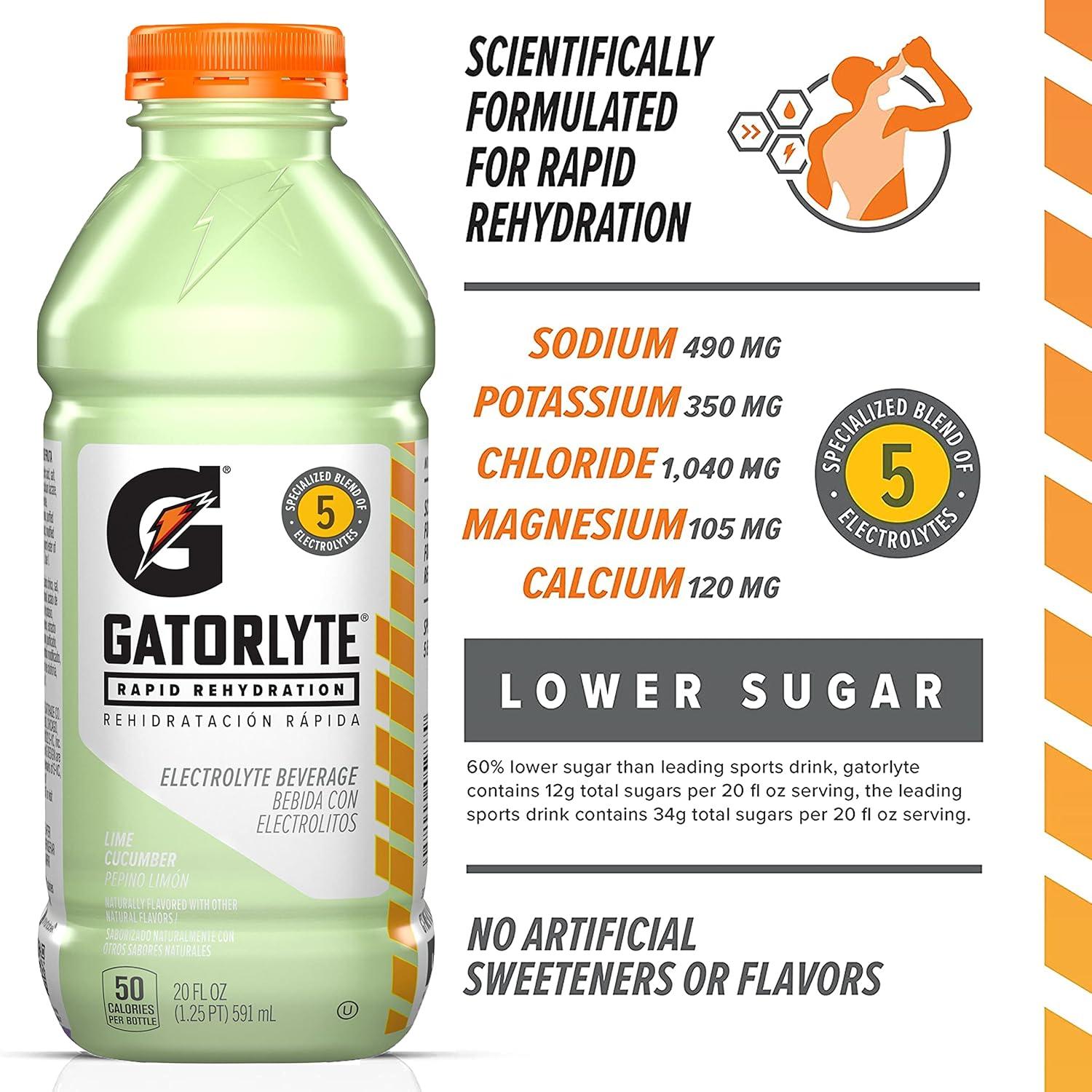 imageGatorlyte Rapid Rehydration Electrolyte Drink Strawberry Kiwi Specialized Blend of 5 Electrolytes Lower Sugar No Artificial Sweeteners No Artificial Flavors 20 fl oz Bottles 12 PackLime Cucumber