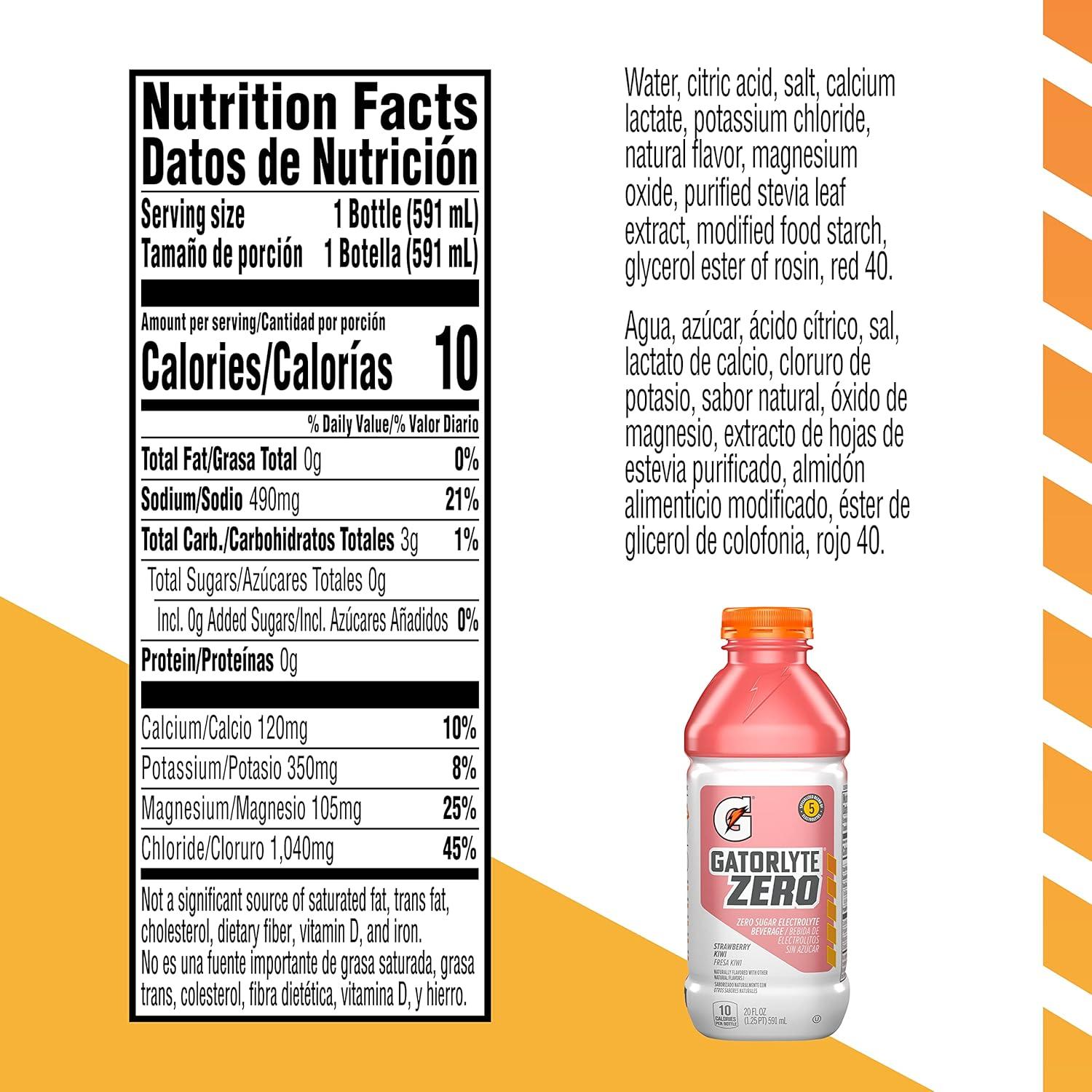 imageGatorlyte Zero Rehydration Electrolyte Drink 3 Flavor Variety Pack Specialized Blend of 5 Electrolytes Zero Sugar No Artificial Sweeteners No Artificial Flavors 20 fl oz Bottles 12 PackStrawberry Kiwi