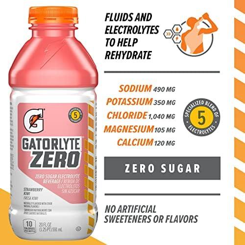 imageGatorlyte Zero Rehydration Electrolyte Drink 3 Flavor Variety Pack Specialized Blend of 5 Electrolytes Zero Sugar No Artificial Sweeteners No Artificial Flavors 20 fl oz Bottles 12 PackStrawberry Kiwi