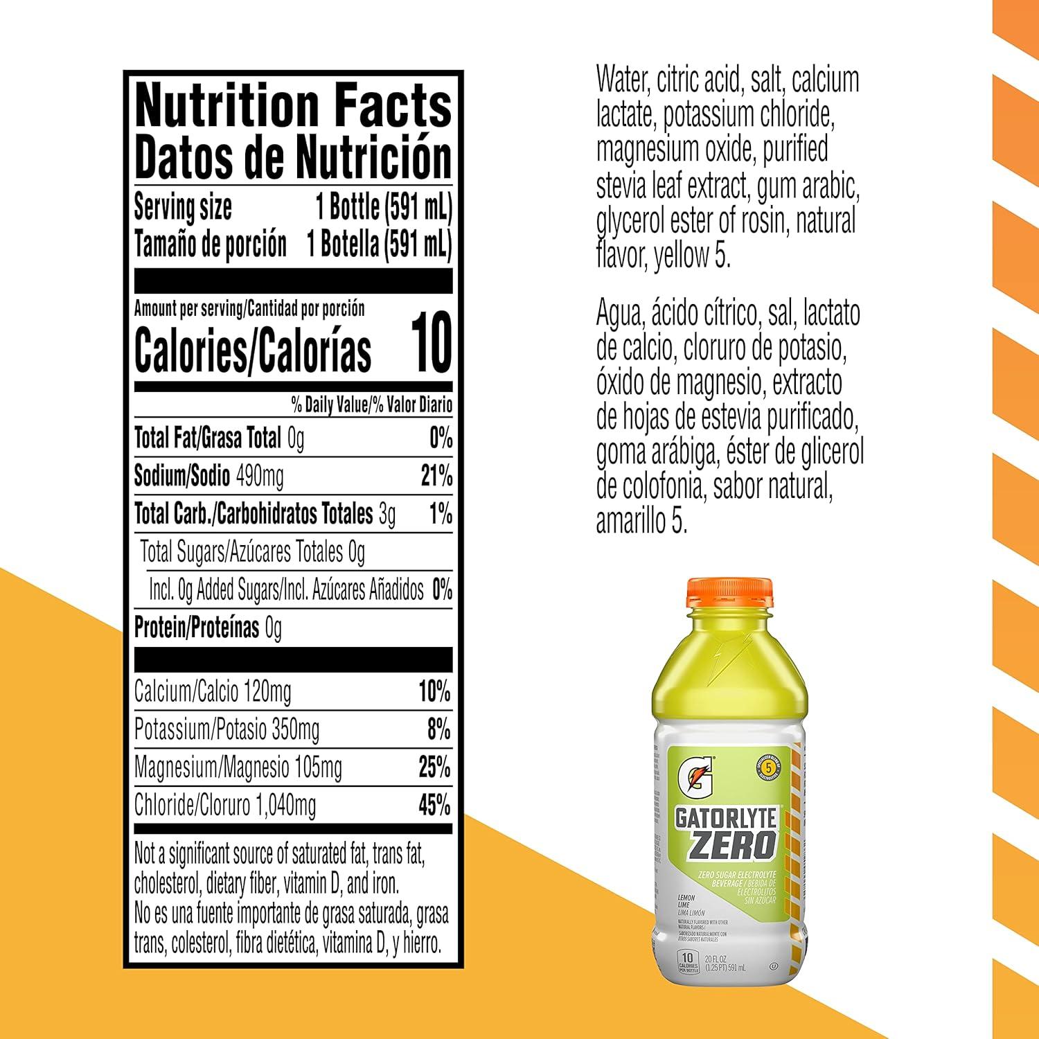 imageGatorlyte Zero Rehydration Electrolyte Drink 3 Flavor Variety Pack Specialized Blend of 5 Electrolytes Zero Sugar No Artificial Sweeteners No Artificial Flavors 20 fl oz Bottles 12 PackLemonLime