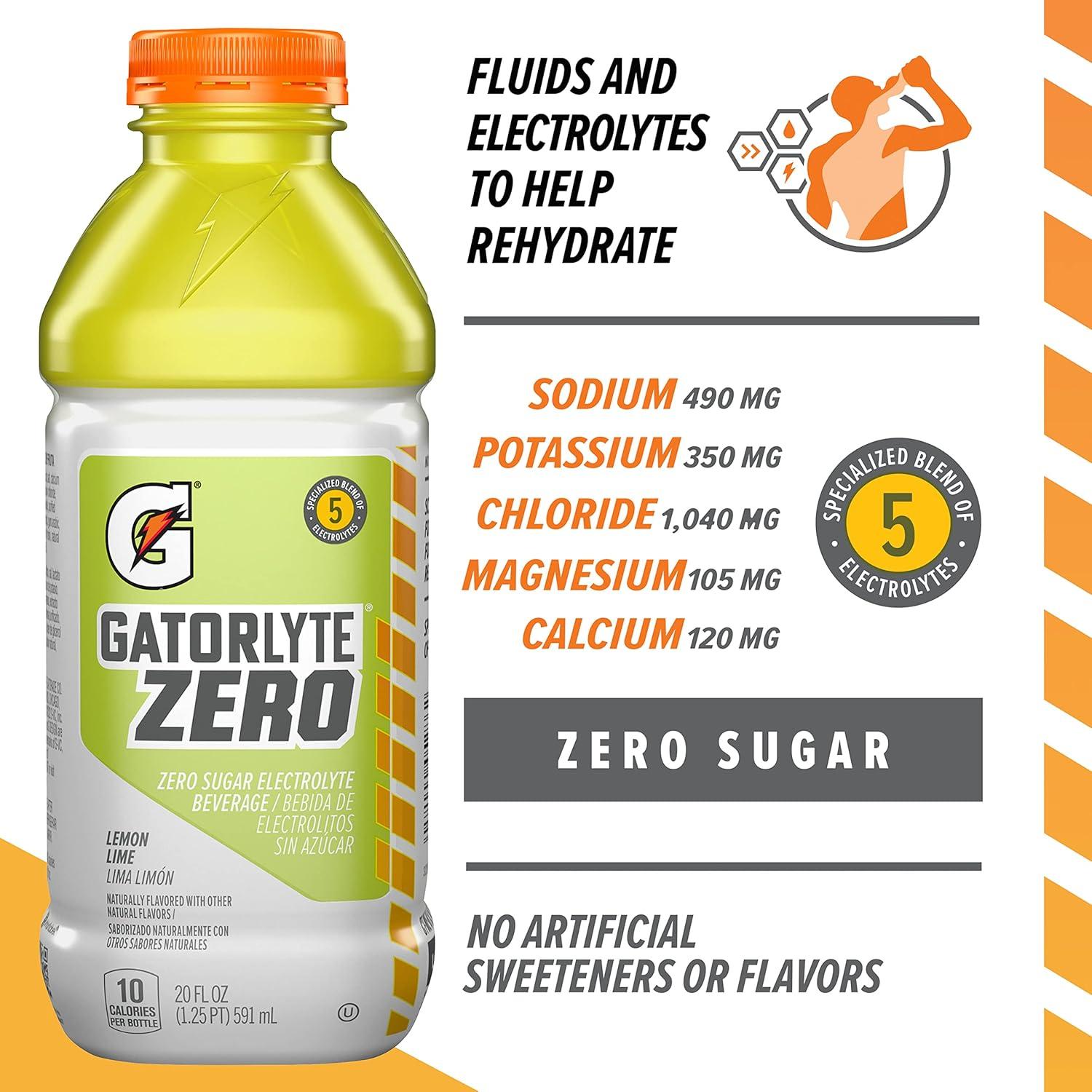 imageGatorlyte Zero Rehydration Electrolyte Drink 3 Flavor Variety Pack Specialized Blend of 5 Electrolytes Zero Sugar No Artificial Sweeteners No Artificial Flavors 20 fl oz Bottles 12 PackLemonLime