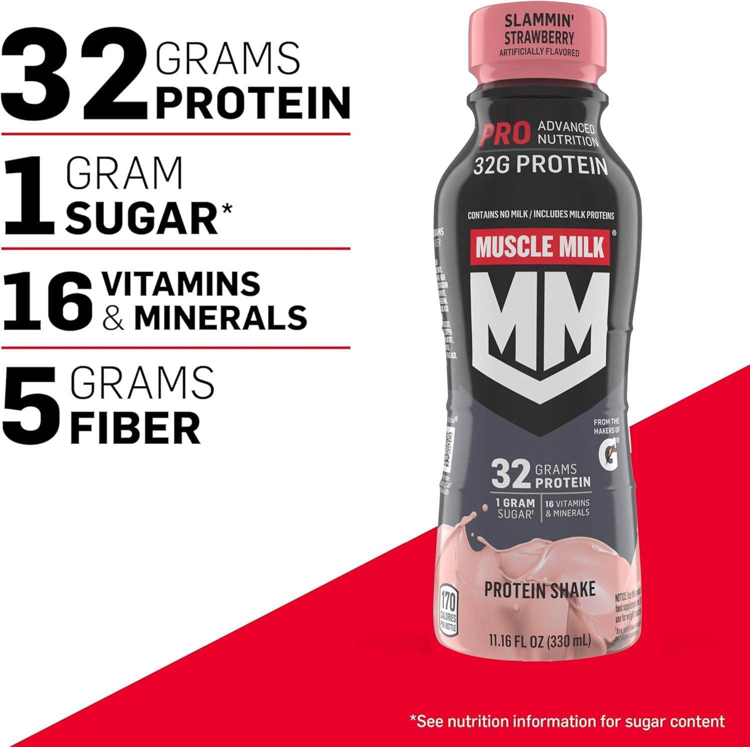 imageMuscle Milk Pro Advanced Nutrition Protein Shake Knockout Chocolate 1116 Fl Oz Pack of 12 32g Protein 1g Sugar 16 Vitamins ampamp Minerals 5g Fiber Workout Recovery Energizing Snack Packaging May VaryStrawberry