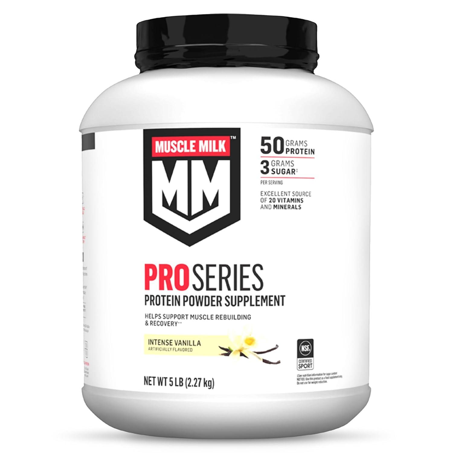 imageMuscle Milk Pro Series Protein Powder Supplement Knockout Chocolate 5 Pound 28 Servings 50g Protein 3g Sugar 20 Vitamins ampamp Minerals NSF Certified for Sport Workout RecoveryVanilla