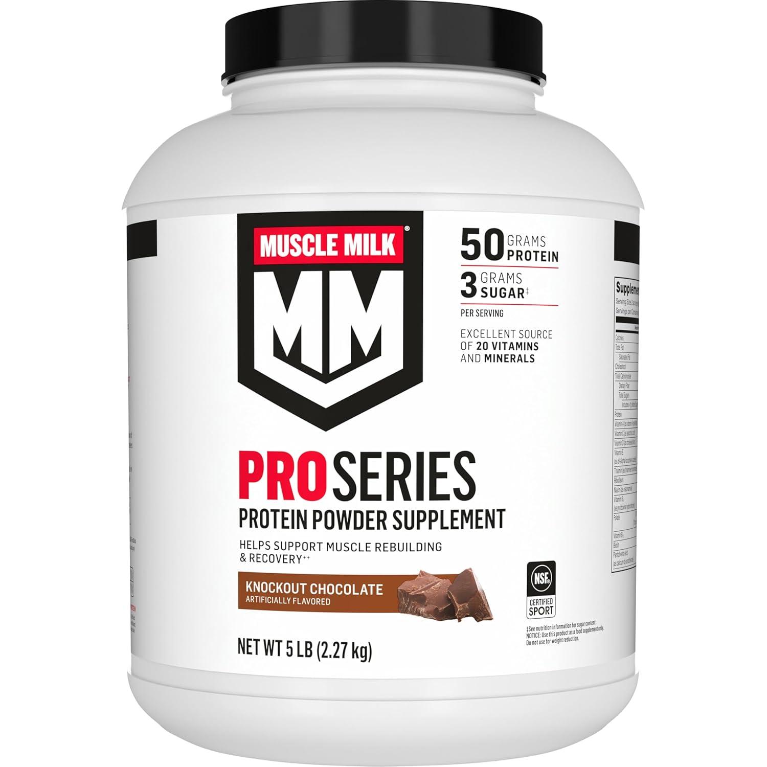 imageMuscle Milk Pro Series Protein Powder Supplement Knockout Chocolate 5 Pound 28 Servings 50g Protein 3g Sugar 20 Vitamins ampamp Minerals NSF Certified for Sport Workout RecoveryChocolate