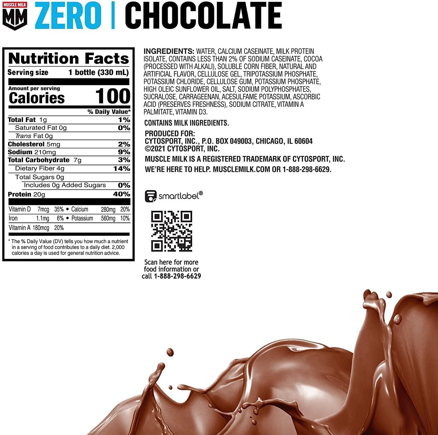 imageMuscle Milk Zero Protein Shake Vanilla Crme 20g Protein Zero Sugar 100 Calories Calcium Vitamins A C ampamp D 4g Fiber Energizing Snack Workout Recovery Packaging May Vary 1116 Fl Oz Pack of 12Chocolate