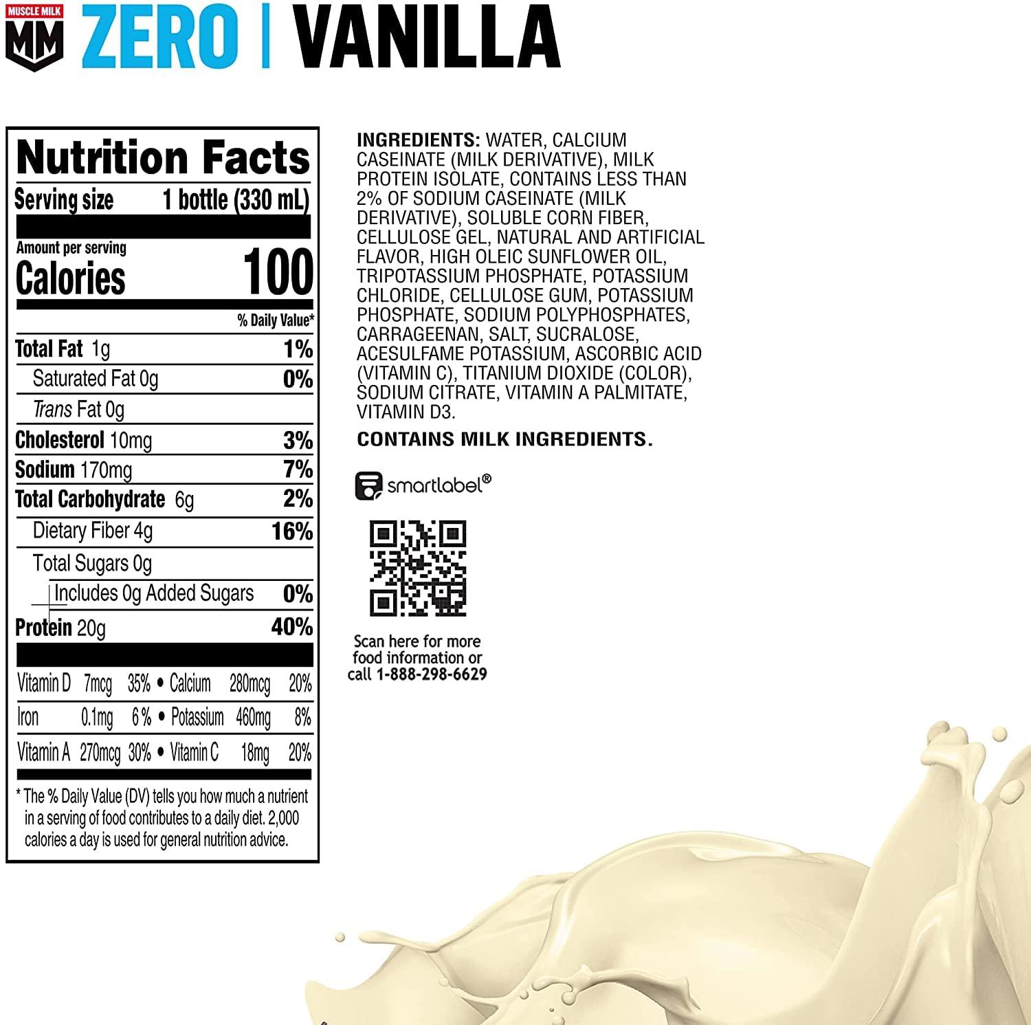 imageMuscle Milk Zero Protein Shake Vanilla Crme 20g Protein Zero Sugar 100 Calories Calcium Vitamins A C ampamp D 4g Fiber Energizing Snack Workout Recovery Packaging May Vary 1116 Fl Oz Pack of 12Vanilla