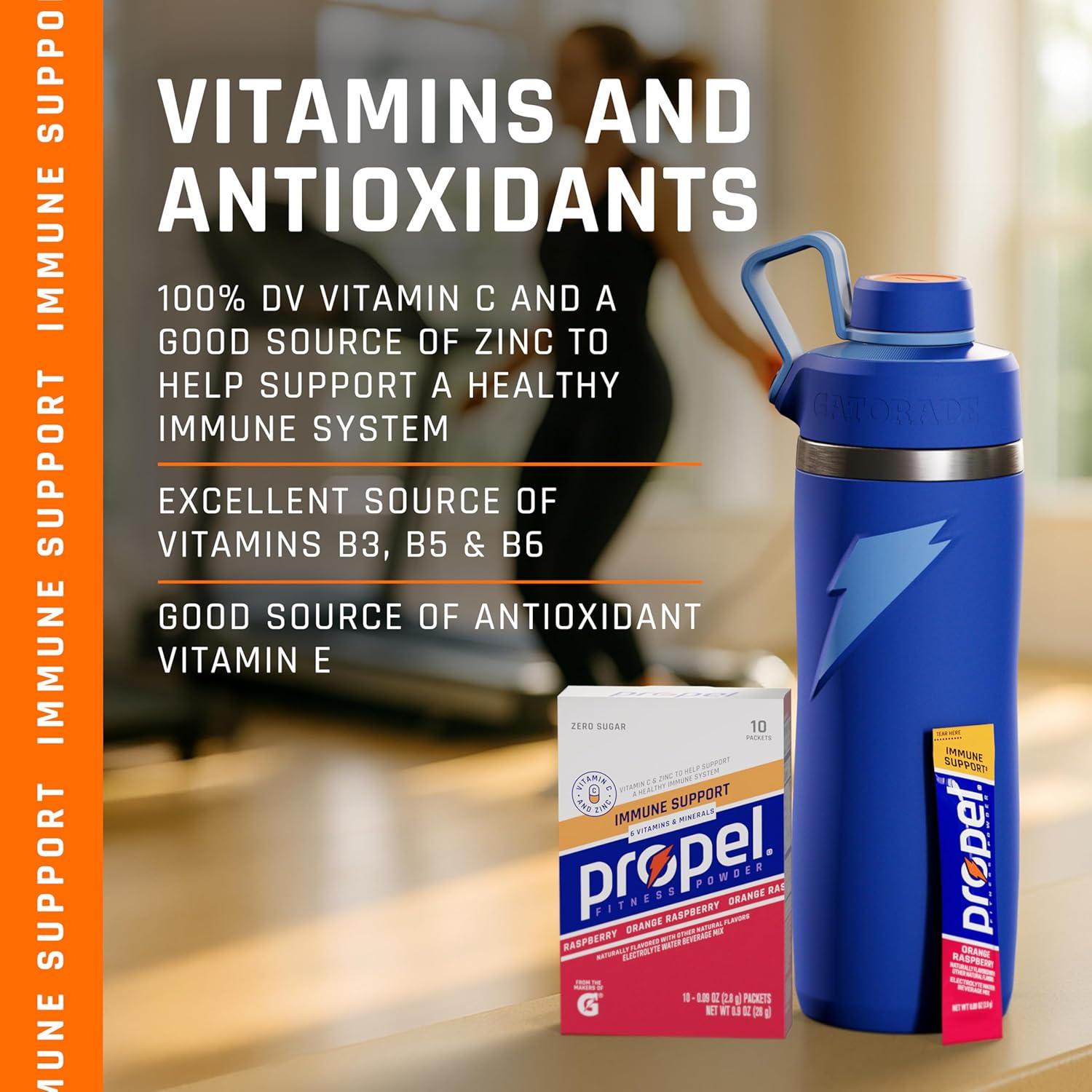 imagePropel Immune Support Electrolyte Enhanced Water Drink Mix Powder Packets Variety Pack 100 DV Vitamin C Good source of Zinc Zero Sugar Hydration with Electrolytes and Vitamins 30 PacketsImmune Support Variety