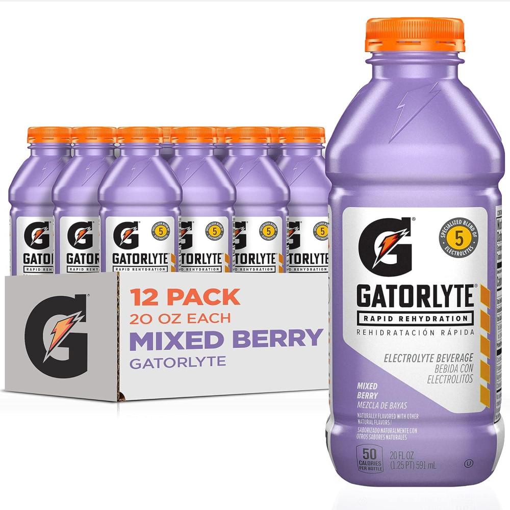 imageGatorlyte Rapid Rehydration Electrolyte Drink Strawberry Kiwi Specialized Blend of 5 Electrolytes Lower Sugar No Artificial Sweeteners No Artificial Flavors 20 fl oz Bottles 12 PackMixed Berry