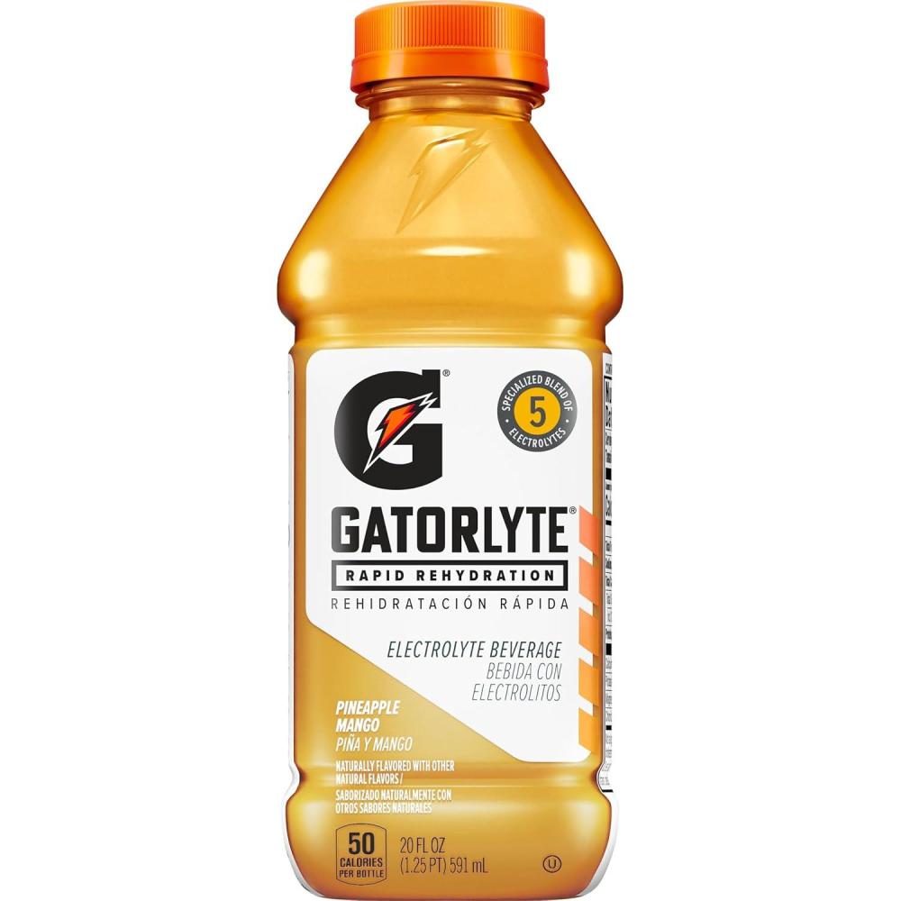 imageGatorlyte Rapid Rehydration Electrolyte Drink Strawberry Kiwi Specialized Blend of 5 Electrolytes Lower Sugar No Artificial Sweeteners No Artificial Flavors 20 fl oz Bottles 12 PackPineapple Mango