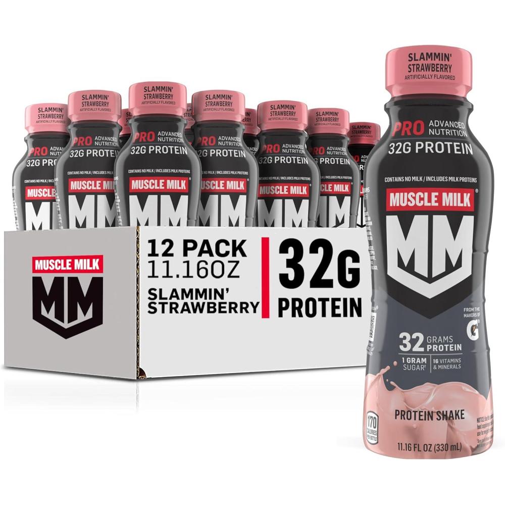 imageMuscle Milk Pro Advanced Nutrition Protein Shake Knockout Chocolate 1116 Fl Oz Pack of 12 32g Protein 1g Sugar 16 Vitamins ampamp Minerals 5g Fiber Workout Recovery Energizing Snack Packaging May VaryStrawberry