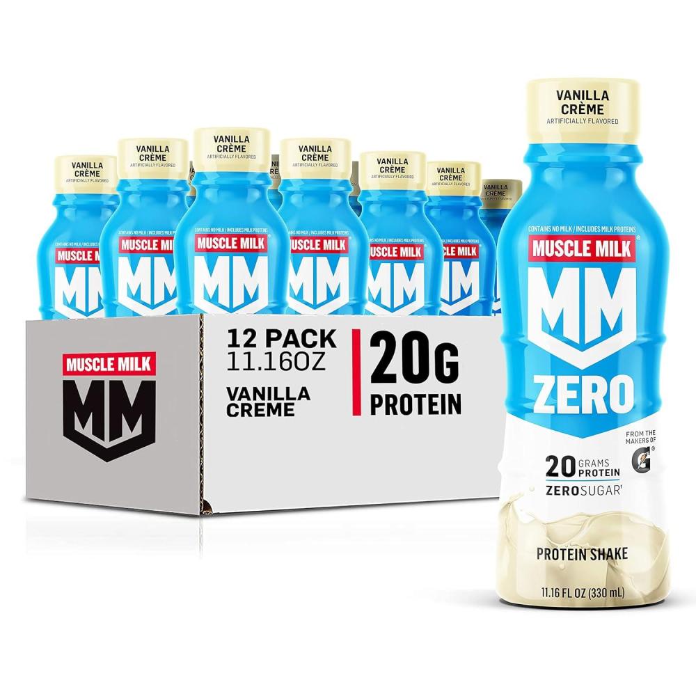 imageMuscle Milk Zero Protein Shake Vanilla Crme 20g Protein Zero Sugar 100 Calories Calcium Vitamins A C ampamp D 4g Fiber Energizing Snack Workout Recovery Packaging May Vary 1116 Fl Oz Pack of 12Vanilla