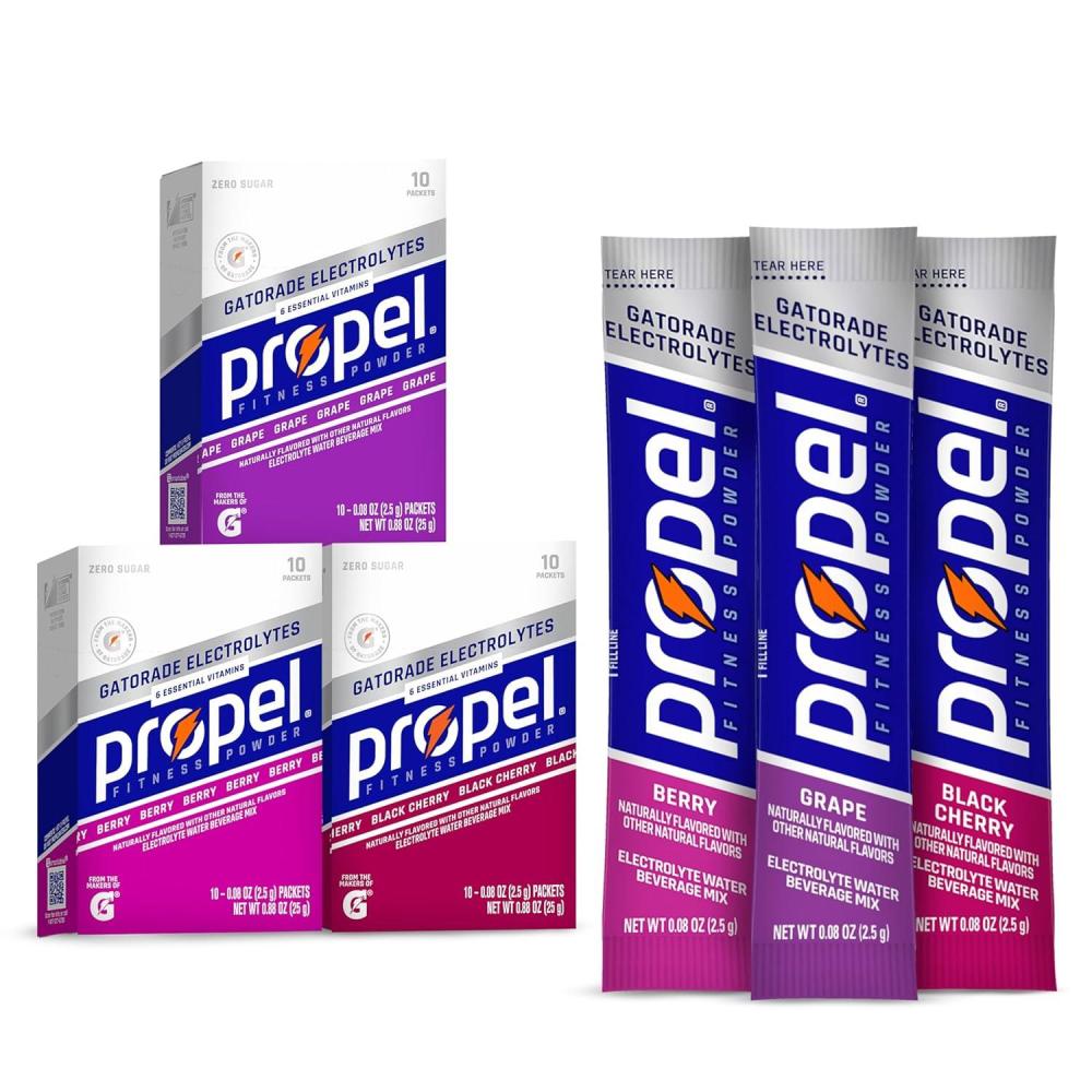 imagePropel Immune Support Electrolyte Enhanced Water Drink Mix Powder Packets Variety Pack 100 DV Vitamin C Good source of Zinc Zero Sugar Hydration with Electrolytes and Vitamins 30 PacketsGrape Variety