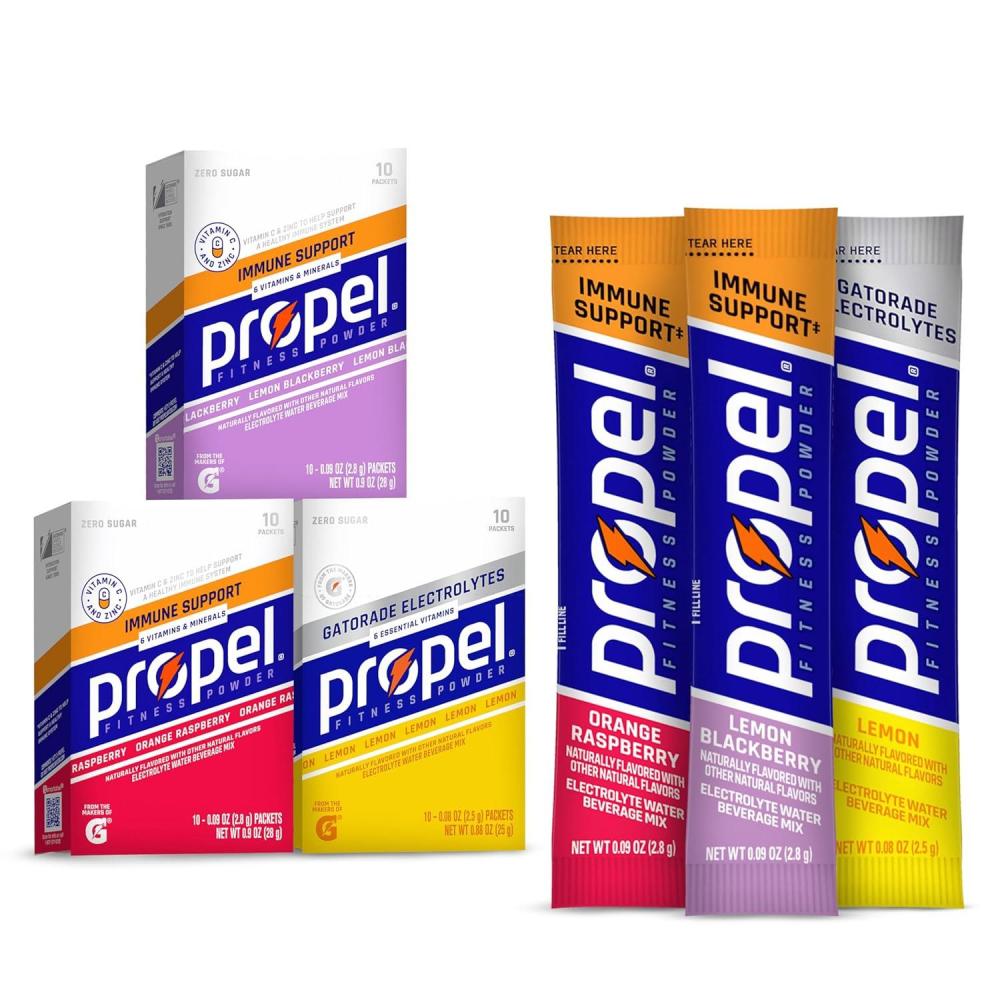 imagePropel Immune Support Electrolyte Enhanced Water Drink Mix Powder Packets Variety Pack 100 DV Vitamin C Good source of Zinc Zero Sugar Hydration with Electrolytes and Vitamins 30 PacketsImmune Support Variety