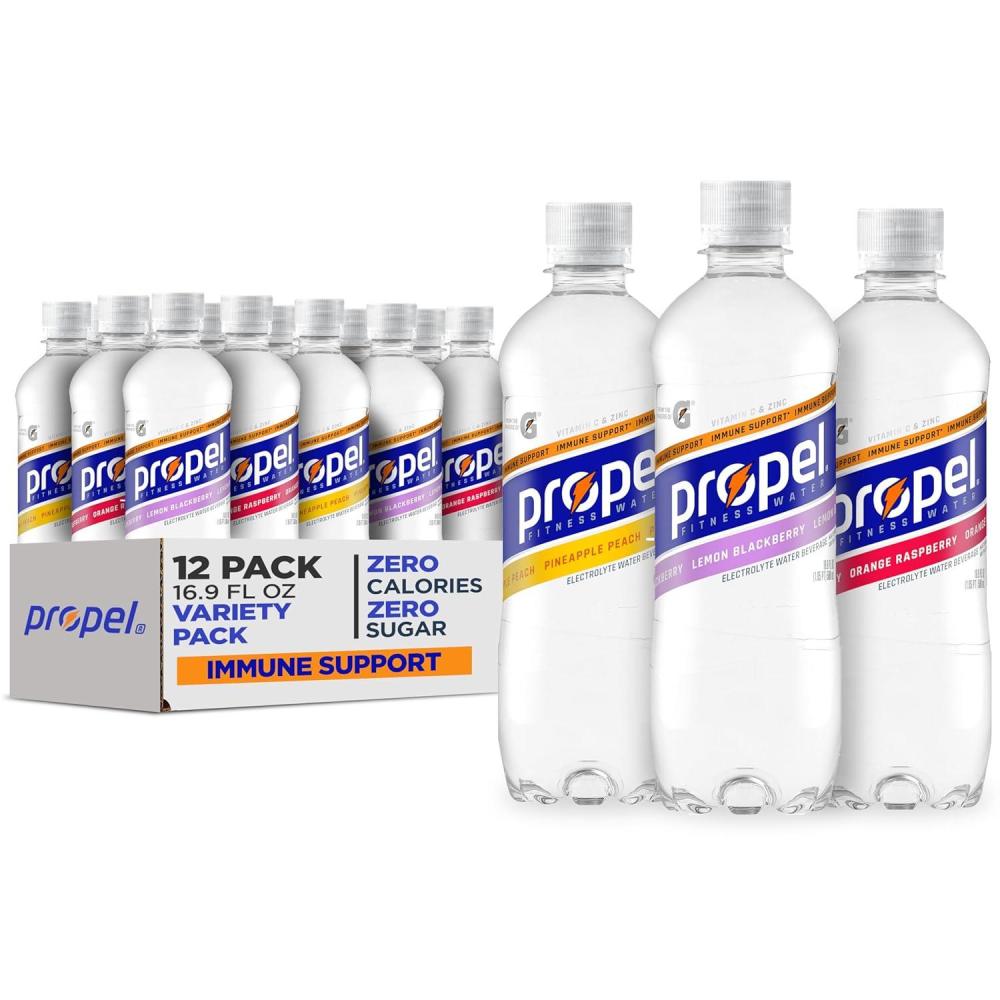 imagePropel Immune Support Electrolyte Enhanced Water Sports Drink Pineapple Peach Flavored Water 100 DV Vitamin C  Zinc Zero Calorie ampamp Zero Sugar Hydration with Electrolytes and Vitamins 169 fl oz Water Bottles 12 PackImmune Support VP