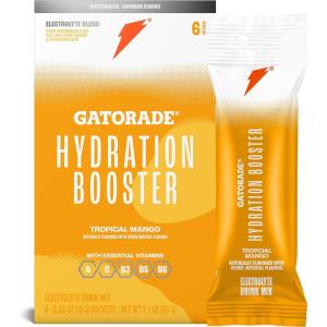 imageGatorade Hydration Booster Electrolyte Drink Mix Powder Packets Tropical Mango Advanced Electrolyte Blend No Added Colors No Artificial Sweeteners Essential Vitamins A C B3 B5 B6 Makes 20 Fl Oz 6 PackTropical Mango