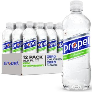imagePropel Electrolyte Enhanced Water Sports Drink Lemon Flavored Water Zero Calorie ampamp Zero Sugar Hydration with Electrolytes and Vitamins C ampamp E 169 fl oz Water Bottles 12 PackKiwi Strawberry