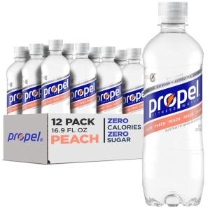imagePropel Electrolyte Enhanced Water Sports Drink Lemon Flavored Water Zero Calorie ampamp Zero Sugar Hydration with Electrolytes and Vitamins C ampamp E 169 fl oz Water Bottles 12 PackPeach