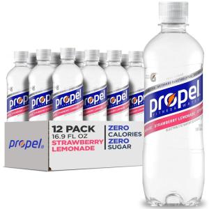 imagePropel Electrolyte Enhanced Water Sports Drink Lemon Flavored Water Zero Calorie ampamp Zero Sugar Hydration with Electrolytes and Vitamins C ampamp E 169 fl oz Water Bottles 12 PackStrawberry Lemonade